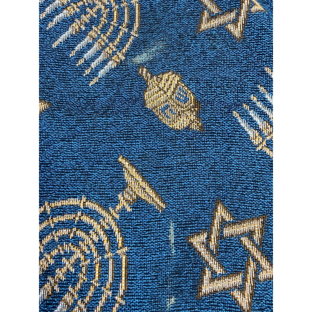 Hanukkah Fabric Remnant Teal Blue Gold Menorah Dreidel Star of David 55x61"